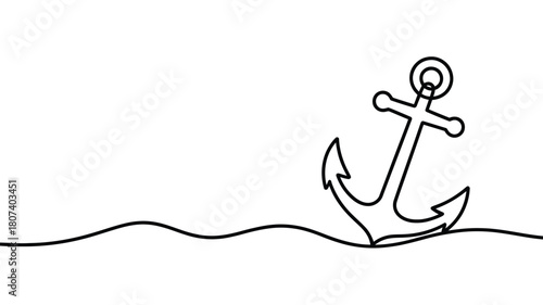 Simple line drawing of a nautical anchor resting on wavy water