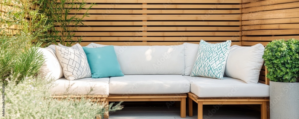 Obraz premium Outdoor Bamboo Sofa with Greenery, Cozy Patio, Outdoor furniture