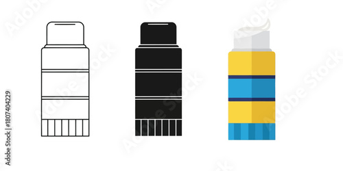 Three styles vector set line art, silhouette and color version illustration of a glue stick with cap