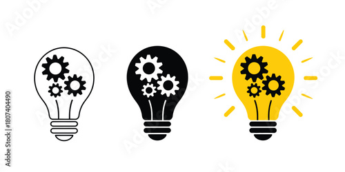 Three lightbulbs with gears illustrating innovation and ideas