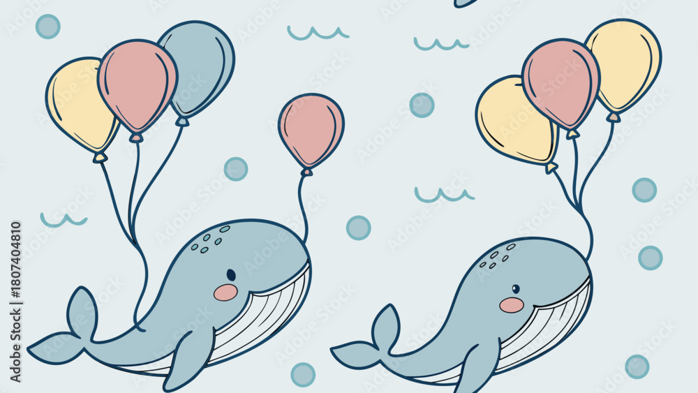 Fototapeta premium Watercolor seamless pattern, baby whales and balloons, light blue background