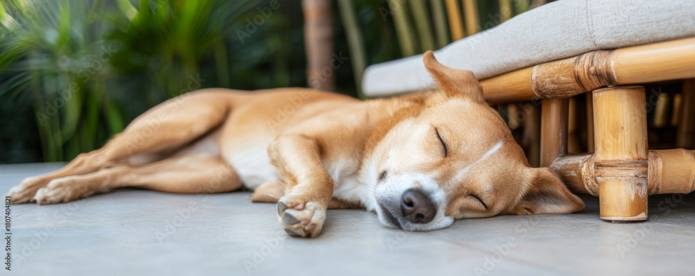 Obraz premium Peaceful Pup Dog Napping near Rattan Furniture in Garden Setting, pet, rest