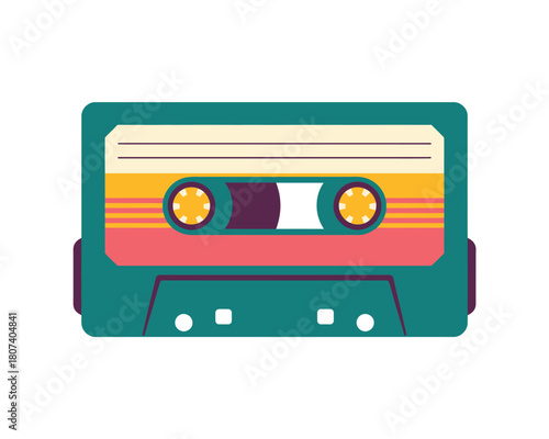 Retro cassette tape with colorful stripes and vintage design