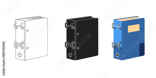 Three ring binders, each with a different style and color scheme, showcasing variations in design and presentation on transparent background