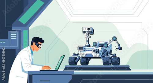 Scientist operates a robotic rover in a high-tech laboratory for exploration research mission