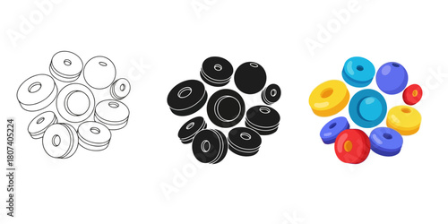 Three styles vector set line art, silhouette and color version illustration of colorful beads, showcasing a variety of shapes and sizes for creative jewelry making projects