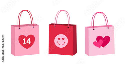 Set of Valentine gift bag flat vector illustration.
Number 14 with Heart and emoji patterns
White background.
