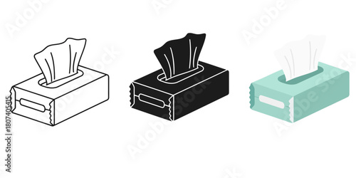 Tissue Box In Three styles vector set line art, silhouette and color version, depicting a common household item for hygiene and cleaning purposes
