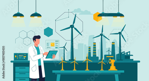 Sustainable energy research and development featuring windmills and modern technology