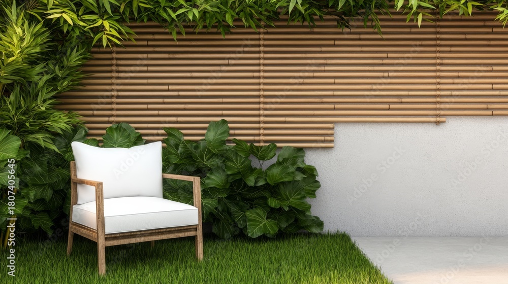 Obraz premium Relaxing Outdoor Space White Armchair, Bamboo Fence and Lush Greenery ,Landscape ,Furniture