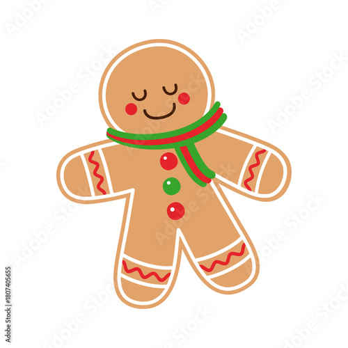 Cute sleeping gingerbread man wearing a green and red striped scarf