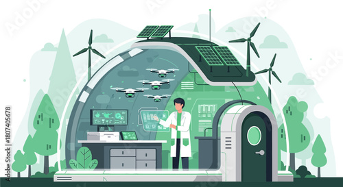 Sustainable research facility powered by renewable energy with drone monitoring system showcases