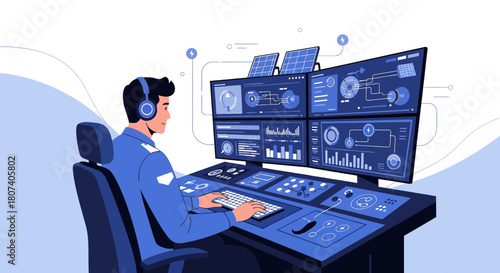 Technician monitoring solar energy production in a high-tech control room environment showcasing