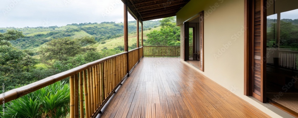 Obraz premium Scenic Bamboo Balcony with Lush Green Hill View, Vacation , Resort