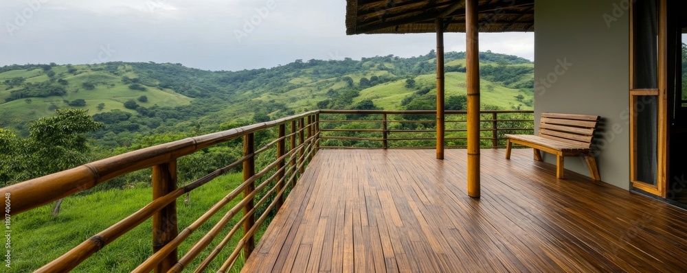 Obraz premium Scenic Bamboo Deck View Lush Hills and Wooden Bench, nature retreat, outdoor living
