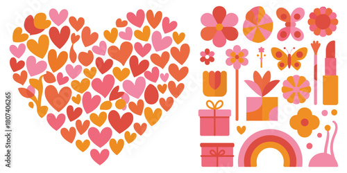 Heart shape made of small hearts and feminine cosmetic and decorative elements