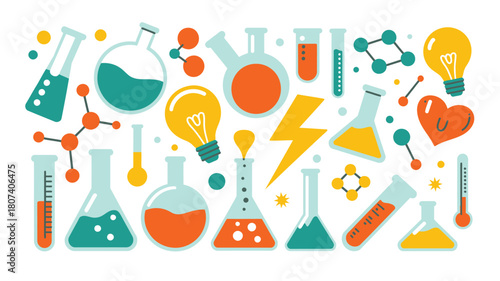Colorful collection of science and chemistry equipment and symbols
