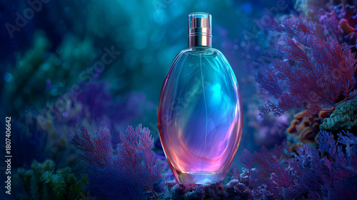 Perfume bottle on coral reef, vibrant underwater scene

