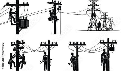 Electrician, and, lineman, silhouettes, vector, set, showing, workers, climbing, power, poles, fixing, transformer, and, working, on, high-voltage, 