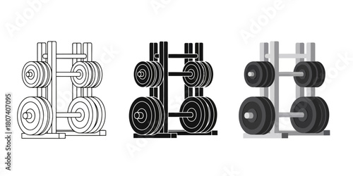 weight plate rack in Three styles vector set line art, silhouette and color version, displaying gym equipment for strength training and fitness, showcasing organized storage and exercise accessories