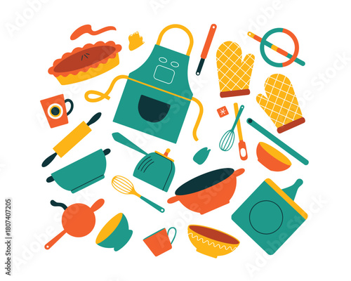 Colorful assortment of baking and cooking utensils and tools