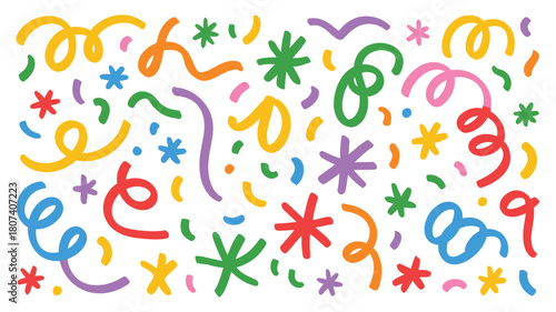 Colorful hand drawn confetti and streamers for celebrations and parties