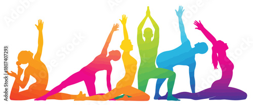 Diverse group of people in colorful yoga poses against a white background