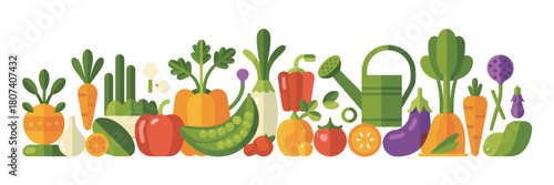 Colorful assortment of fresh vegetables and gardening tools