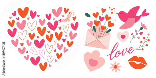 Hand drawn heart shapes and valentine elements with love message