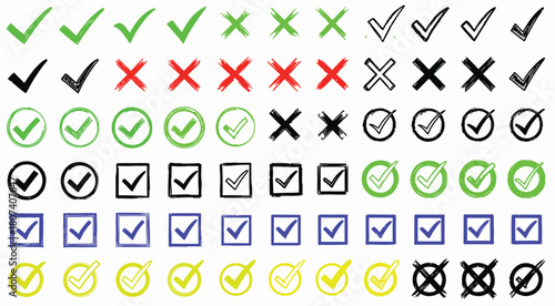 Collection of Checkmarks and Crosses Symbols for Approvals and Rejections, Vector Graphics with Various Styles
