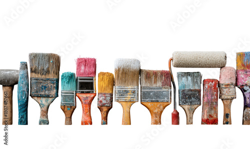 Row of used paintbrushes and roller