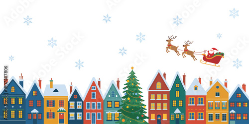 Santa claus flying his reindeer over a colorful european village at christmas