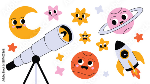 Cute cartoon space objects with a telescope and rocket
