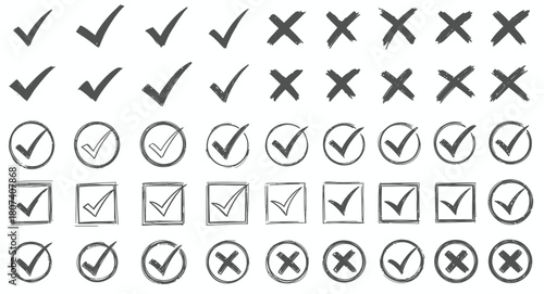 Set of hand-drawn checkmarks and crosses in various styles, symbolizing choice, confirmation, and error correction, perfect for design projects