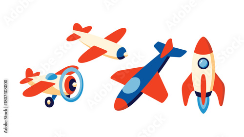 Collection of cartoon airplanes and a rocket ship illustration