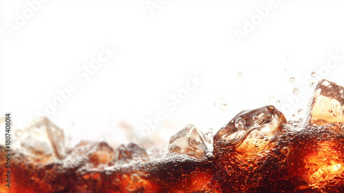 Ice cubes splashing in a refreshing bubbly cola drink against a bright white background, close-up