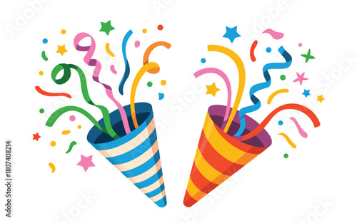 Two colorful party poppers exploding with confetti and streamers