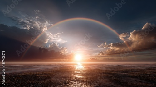 Fototapeta Naklejka Na Ścianę i Meble -  Dramatic double rainbow arches over  vast dark landscape at bright sunset with sun reflection on wet ground