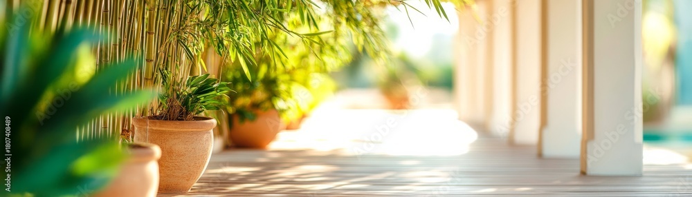 Obraz premium Tropical Veranda with Potted Plants and Bamboo, nature , outdoor