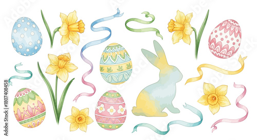 Easter Spring Floral Vector Elements with Pastel Egg and Bunny Illustrations