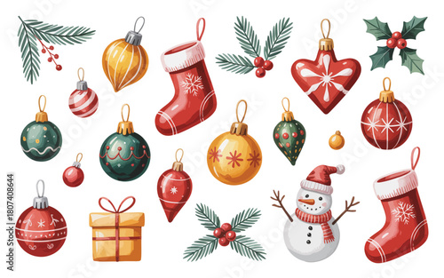 Collection of hand drawn watercolor christmas ornaments and decorations