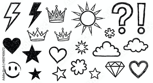 Set of hand-drawn doodle design elements including crowns, hearts, stars, sun, clouds, lightning bolts and more