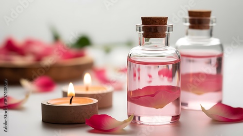 Aromatic Rose Water Essence and Candles for Spa Treatment and Relaxation Therapy Holistic Wellness Beauty and Skincare Serenity