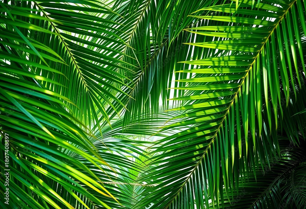 Obraz premium Tropical palm tree leaves forming a natural frame, lush green foliage, vacation background, tropical frame