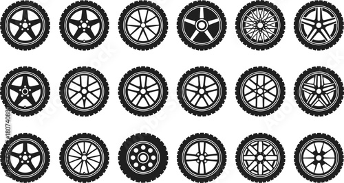 Comprehensive vector set of automobile tires and wheel rims in various styles, ideal for automotive, transportation, repair, and racing industry design.