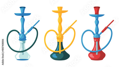 Three colorful modern hookahs with hoses and bowls on white background