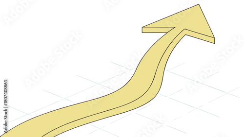 A minimalist, high-quality 3D render of a single smooth, matte yellow arrow curving dynamically upwards and to the right. The arrow begins with a subtle wave or curve from the right , then