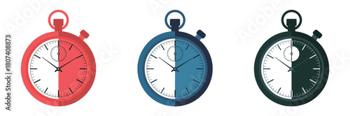 Three vintage stopwatches in red blue and green showing half time