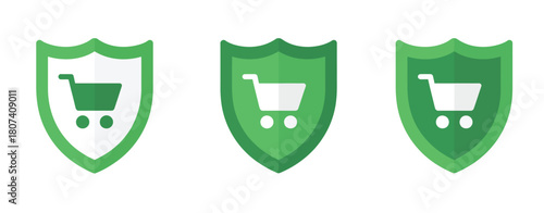 Three green shield icons with shopping cart symbols representing online shopping security and safety