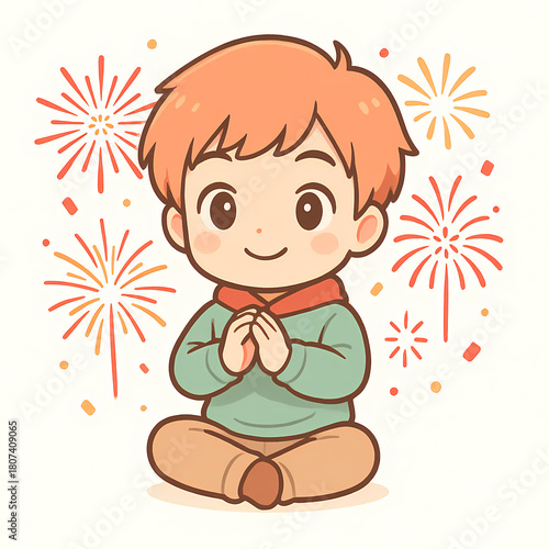 Chibi boy making Chinese New Year greeting gesture
